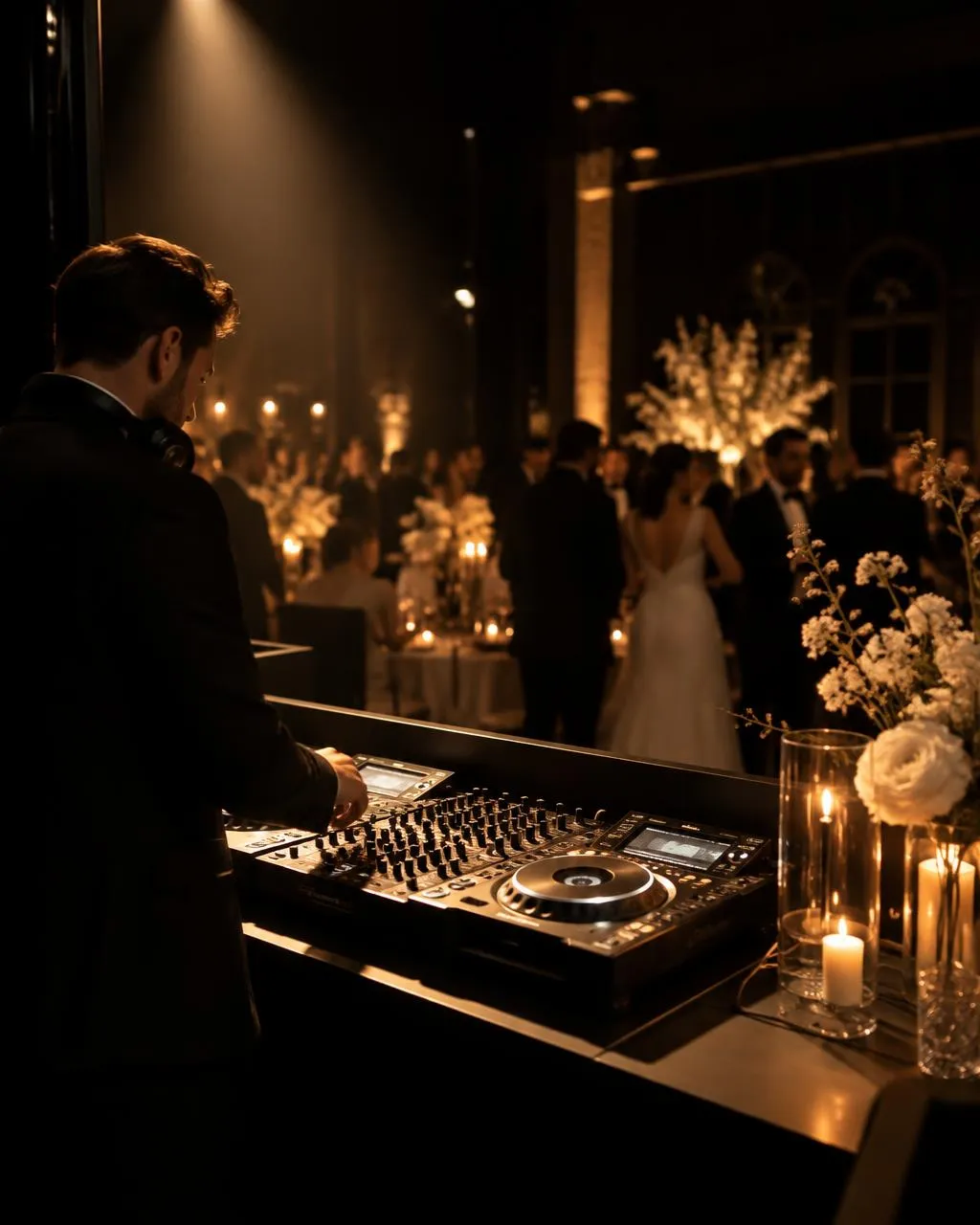 DJ-Pult mit Kerzen und Ambientelicht bei einer Hochzeit