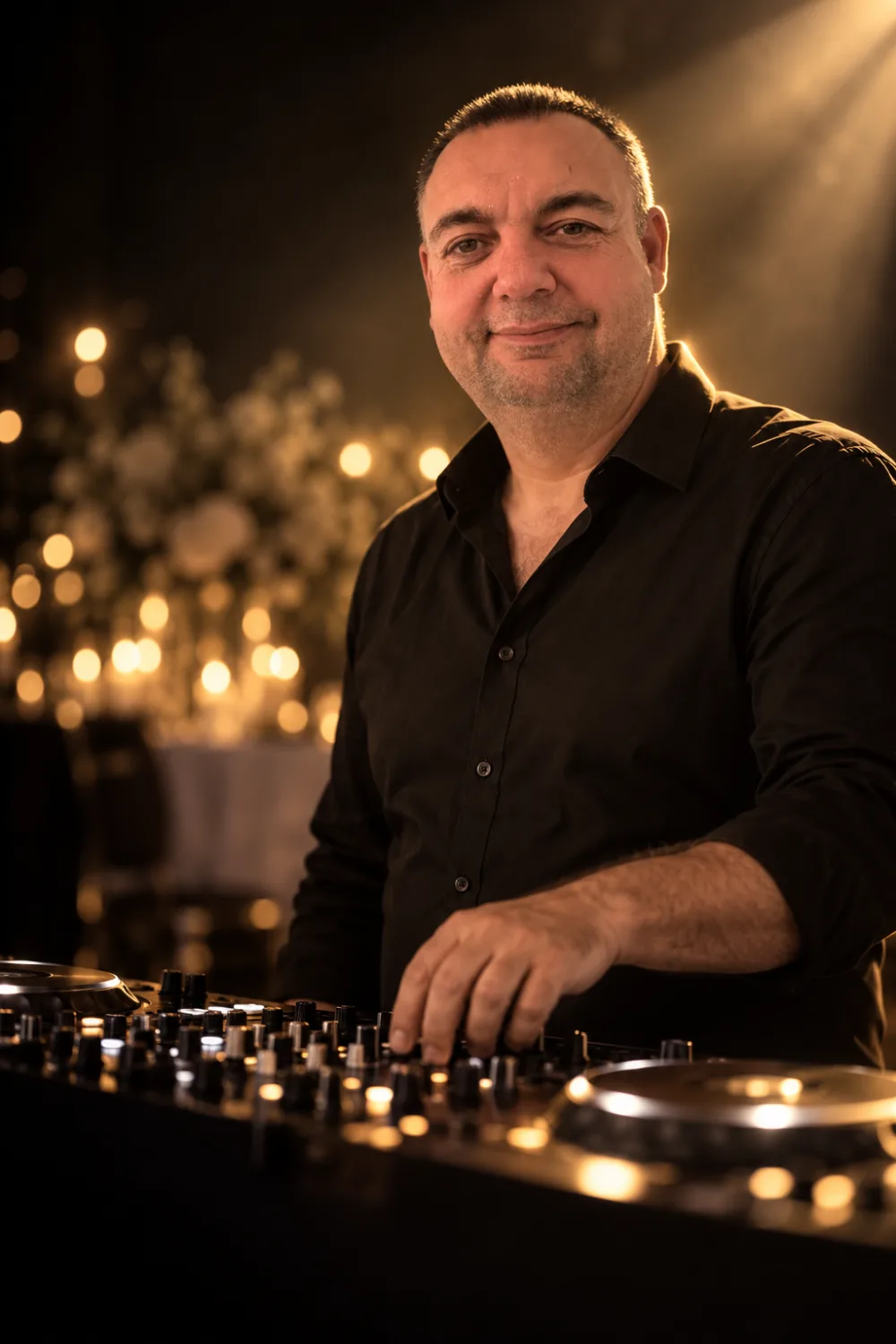 DJ Remo am DJ-Pult, warmes Licht und Kerzen im Hintergrund